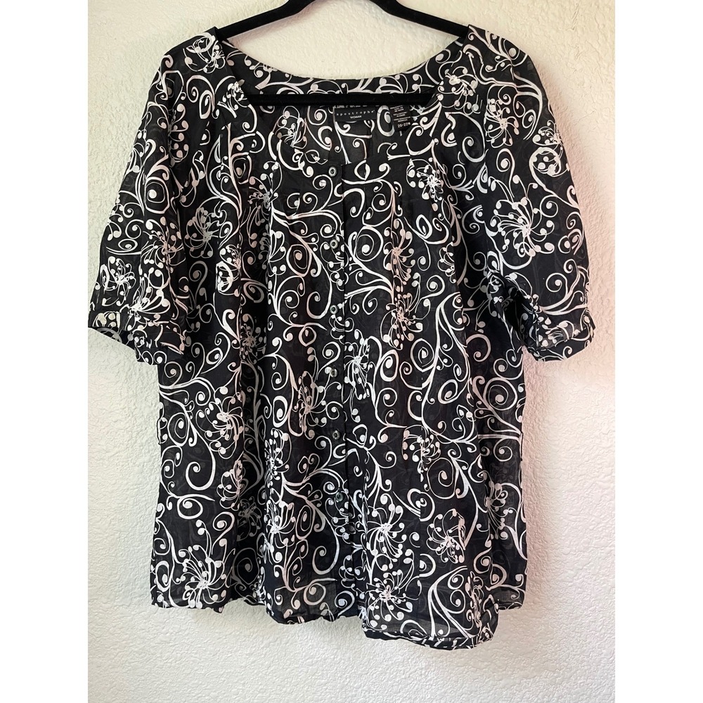 Apostrophe Woman Black White Floral Button Down Blouse Top Plus Size 20-22W